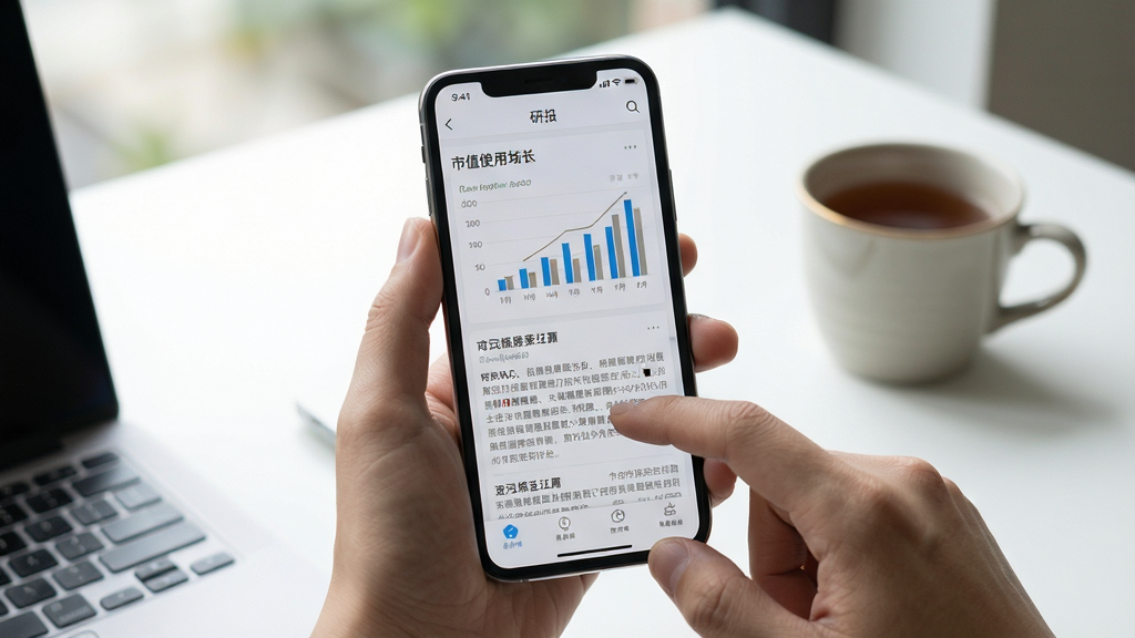 市值风云移动端使用场景图,画面为手持手机浏览研报页面,布局为手机居中、背景为简洁桌面与茶杯,排版突出屏幕内容,风格为生活化数码场景摄影,细节包含手指滑动动作、屏幕内清晰图表与文字、柔和自然光,画质高清,画面干净无多余杂物