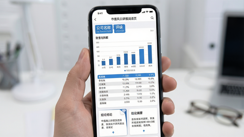 市值风云研报阅读页展示,画面主体为手机屏幕中的财务拆解长图,布局为顶部公司名称与评级标签、中部柱状图与数据表格、底部结论摘要卡片,排版层次分明,风格为专业财经媒体视觉,细节包含蓝色数据高亮、灰色辅助说明文字与留白,画质清晰干净,无杂乱装饰元素
