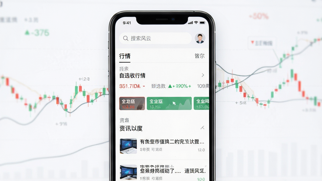 市值风云应用主界面展示,手机屏幕居中排列,屏幕内呈现行情列表与研报卡片,布局为上方搜索栏、中部自选股行情条、下方资讯流,排版整齐清爽,风格为现代金融科技扁平化设计,细节包含红绿涨跌色块、简洁图标与留白间距,画质高清锐利,画面干净无多余元素