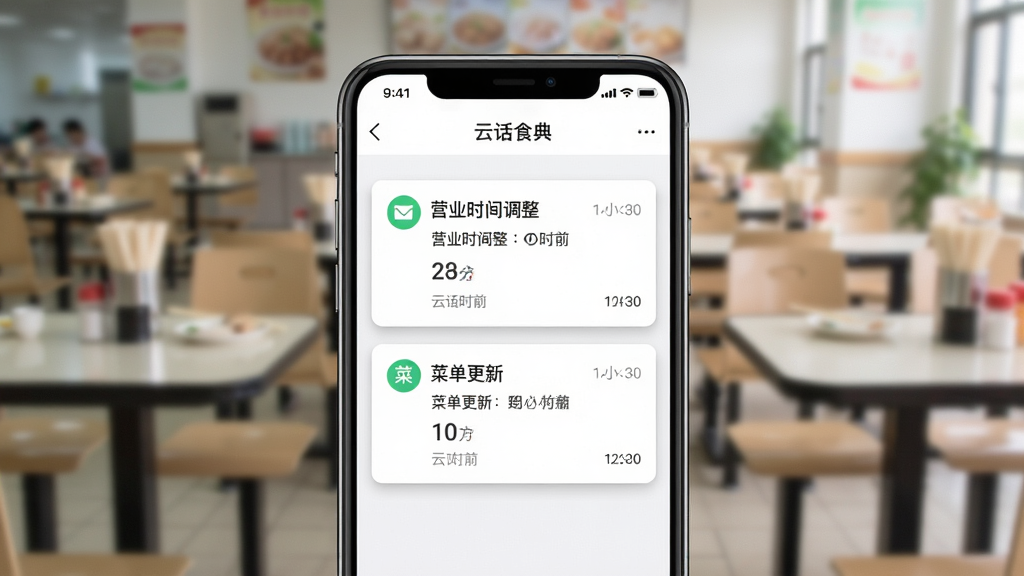 一张表现“云话食典”消息公告功能的场景图,画面主体为手机屏幕特写,屏幕上显示“云话食典”应用的公告列表页面,包含营业时间调整与菜单更新两条通知卡片,手机背景为虚化的食堂餐桌环境,布局为手机屏幕占据画面中央大部分区域,四周留出柔和虚化背景,风格为现代移动应用展示风,细节包含通知图标、时间戳、卡片阴影等,画质高清,画面干净,无多余元素