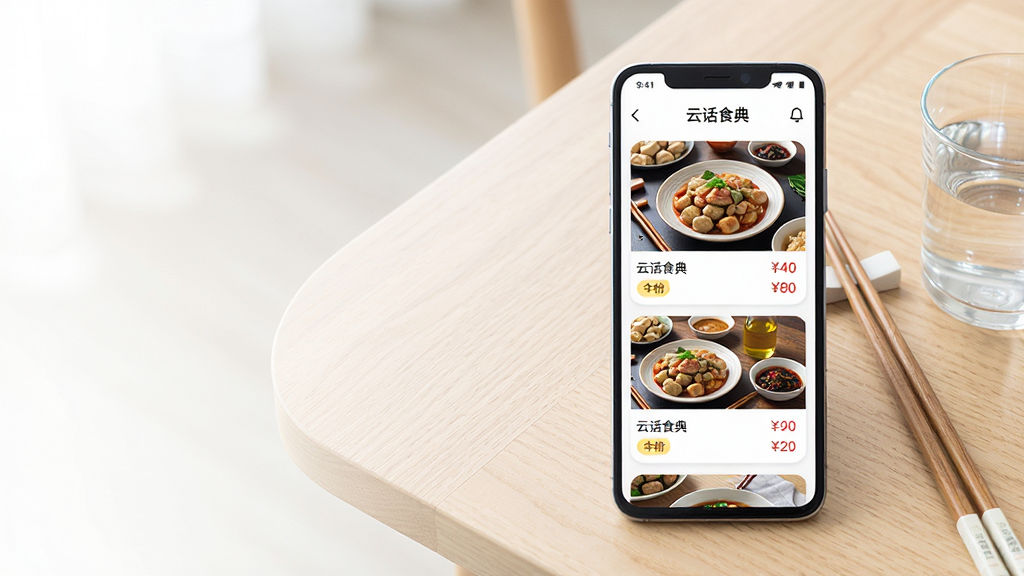 一张以“云话食典”菜品浏览界面为核心的展示图,画面主体为一部竖屏安卓手机,屏幕中呈现“云话食典”应用内的菜品卡片列表,每张卡片包含菜品图片、名称与价格标签,手机放置在浅木色桌面上,旁边摆放一副筷子和一杯清水,布局为手机居中偏右,左侧留白用于视觉呼吸,风格为清新明亮的产品展示风,细节包含屏幕UI圆角卡片、菜品缩略图、价格文字等,画质清晰,画面干净,无多余元素