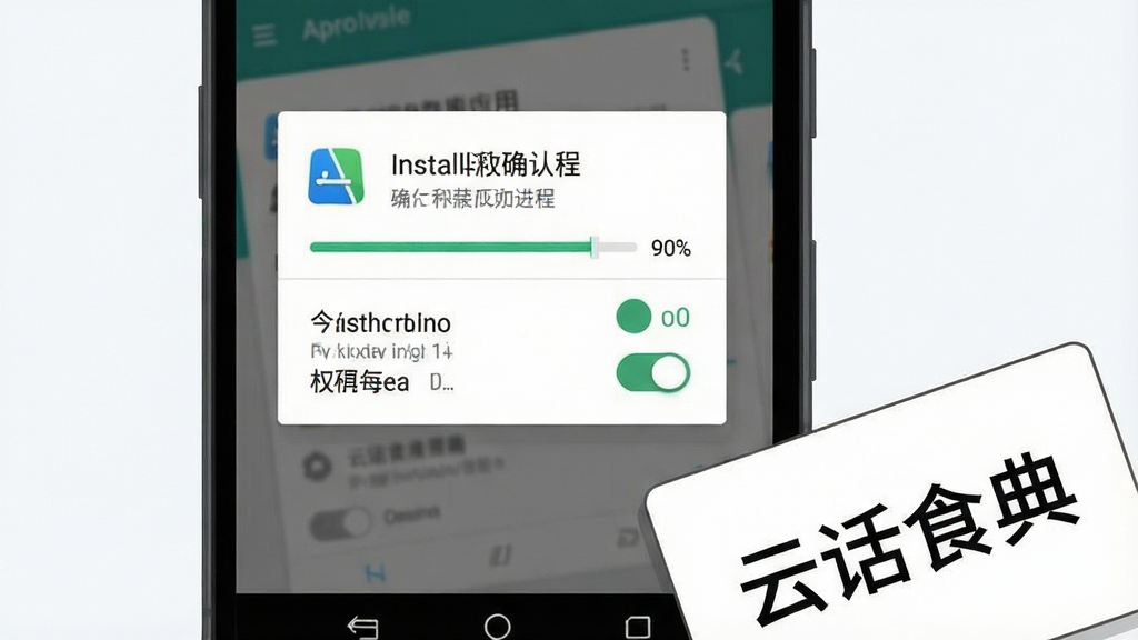 一张表现安卓手机安装应用过程的示意图,画面主体为一部安卓手机屏幕特写,屏幕上显示应用安装确认弹窗与权限设置选项,手机旁边放置一张写有“云话食典”字样的提示卡片,布局为手机居中,卡片位于右下角,风格为简洁的数码教程插图风,细节包含安装进度条、权限开关图标、提示文字等,画质清晰,画面干净,无多余元素