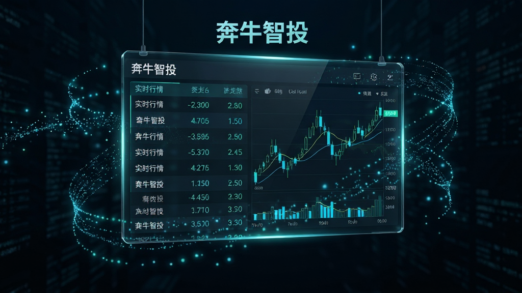 主体为一块悬浮的透明数据面板,面板内展示奔牛智投的实时行情列表与K线走势,布局上数据面板占据画面中心,四周环绕流动的数据光点;排版为居中对称结构,顶部有软件名称标识;风格为未来科技感,深色背景搭配蓝绿色高亮数据;细节上数字清晰、线条锐利、面板边缘有微光;画质精细,画面干净,无杂乱元素
