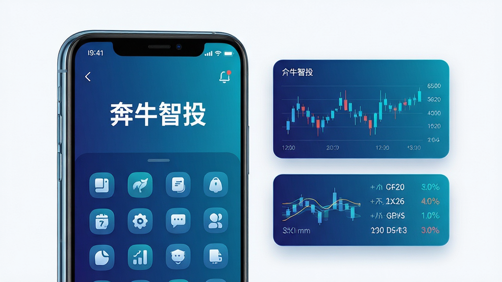 主体为一部智能手机居中展示,屏幕内呈现奔牛智投的行情界面,布局上手机位于画面中央偏左,右侧以悬浮卡片形式排布K线图与指标数值;排版采用上下分层结构,上方为软件名称标题区域,下方为功能图标阵列;风格为现代科技感扁平化设计,配色以深蓝与青色渐变为主;细节上手机边框有轻微反光,界面元素清晰锐利,图标圆角统一;画质高清,画面干净,无多余元素