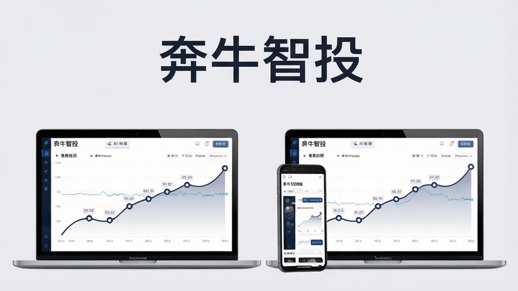 主体为一台笔记本电脑与手机并排展示,屏幕上呈现奔牛智投的策略回测收益曲线,布局上设备位于画面下方,上方留白放置标题文字“奔牛智投”;排版为居中横向排列,左右均衡;风格为简约商务风,浅灰背景搭配深蓝曲线;细节上曲线有节点标记、设备屏幕有轻微高光;画质清晰,画面干净,无多余元素