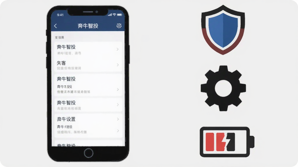 主体为一部手机与若干警示图标组合,布局上手机位于画面左侧,右侧依次排列盾牌、齿轮、电池三个图标;排版为左图右文结构,图标纵向排列;风格为扁平化信息图风格,配色以浅灰底搭配红蓝点缀;细节上图标线条简洁、手机屏幕显示奔牛智投设置页面;画质清晰,画面干净,无多余元素