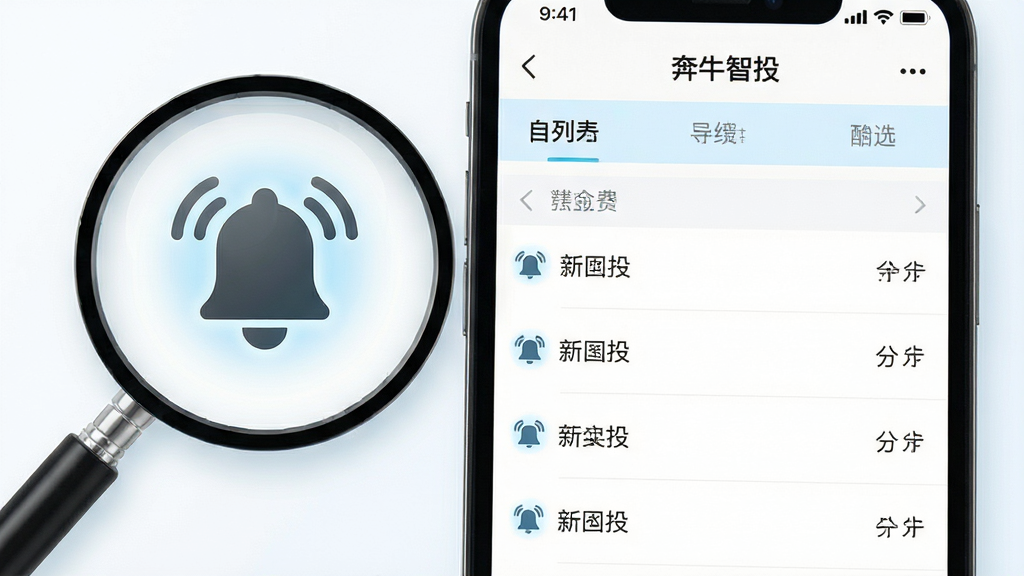 主体为手机屏幕特写,屏幕内展示奔牛智投的自选列表分组界面,布局上手机占据画面右侧三分之二,左侧以放大镜形式突出提醒铃铛图标;排版为左右分栏结构;风格为清新浅色系,白色背景搭配淡蓝强调色;细节上列表条目间距均匀、铃铛图标有轻微光晕;画质细腻,画面干净,无多余元素
