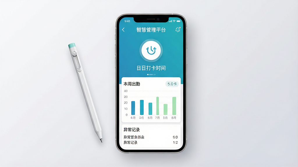画面主体为一张竖版手机截图样式的考勤统计页面,页面上方显示“智慧管理平台”标题,中部为圆形打卡按钮与当日打卡时间,下方为本周出勤柱状图与异常记录列表;手机界面悬浮在浅灰渐变背景中央,左侧有一支简约的手写笔元素;风格为现代UI展示风,配色以白色、湖蓝、浅绿为主;细节上图表线条细腻,数字清晰,阴影柔和;画质高清干净,无多余装饰