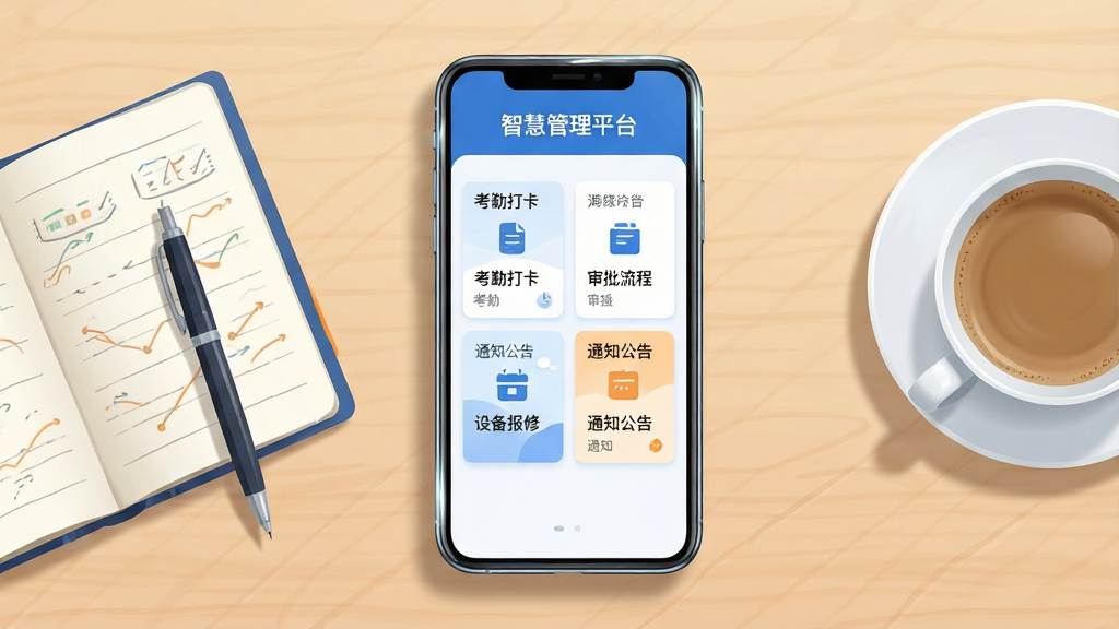 画面主体为一部竖屏智能手机,屏幕中展示“智慧管理平台”的首页工作台界面,包含考勤打卡、审批流程、设备报修、通知公告四个功能卡片;手机放置在一张浅木色办公桌中央,左侧有一本翻开的手账和一支笔,右侧放着一杯咖啡;整体采用俯拍视角,布局居中对称,风格为清新商务插画风,色调以蓝白为主辅以少量暖橙点缀;细节上手机边缘有轻微反光,桌面有柔和阴影,界面文字清晰工整;画质干净高清,无多余元素