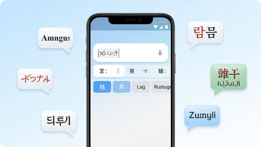 一张展示超能翻译官手机应用主界面的产品示意图,画面中央是一部竖屏安卓手机,屏幕内呈现翻译输入框与语言选择栏,背景为浅蓝与白色渐变,周围漂浮着英语、日语、韩语、维吾尔语等语言气泡图标,整体风格清爽现代,细节清晰,画质干净,无多余元素