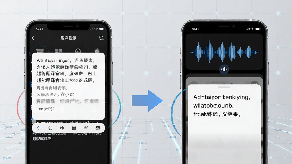 超能翻译官功能展示图,画面左侧为手机屏幕显示文本翻译输入界面,右侧为同一部手机显示语音输入波形与译文结果,中间以箭头连接,背景为淡灰色科技感网格,风格简洁商务,细节清晰,画质干净