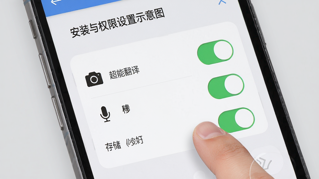 超能翻译官安装与权限设置示意图,画面为手机屏幕显示应用权限管理页面,相机、麦克风、存储等权限开关清晰可见,旁边有手指点击操作,背景为浅灰色简洁界面,风格商务简约,细节清楚,画质干净