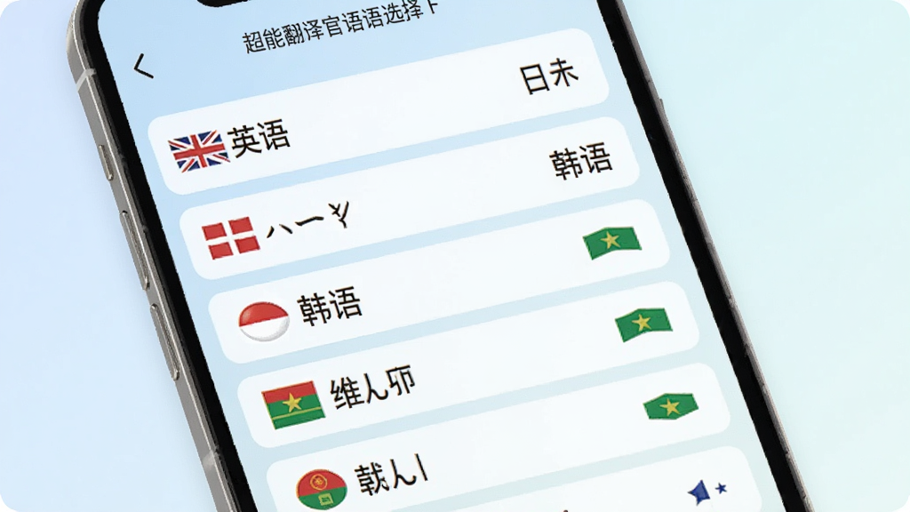 超能翻译官语种选择界面示意图,手机屏幕展示语言列表,英语、日语、韩语、维吾尔语等条目清晰排列,部分语种旁带有小国旗或文字标识,背景为柔和浅色渐变,风格清新浅色,细节清楚,画质干净