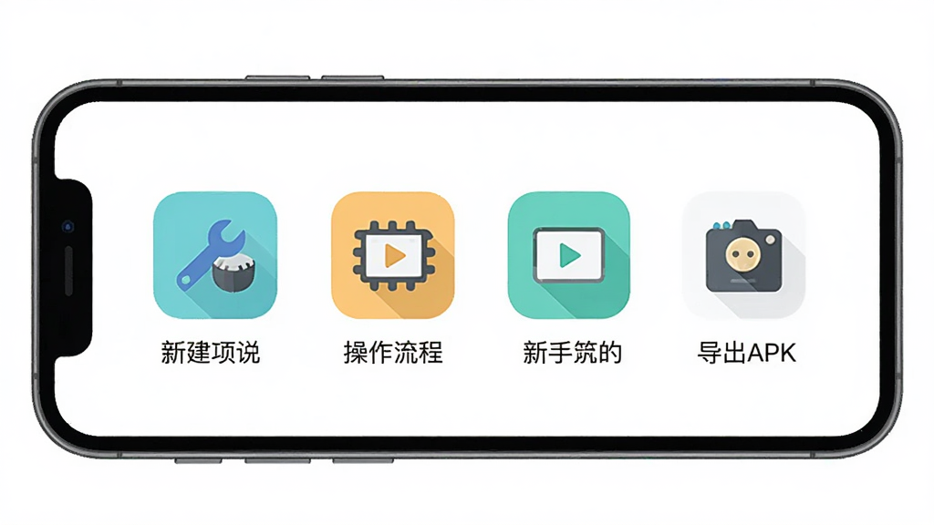 MO视觉小说引擎新手操作流程示意图,画面以手机屏幕形式展示从新建项目到导出APK的四个步骤图标横向排列,每个步骤配有简洁图标与短文字说明,整体风格扁平化,配色清新,布局清晰,画质干净,无多余元素