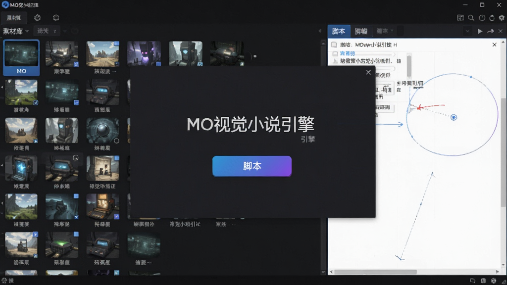 MO视觉小说引擎软件主界面全貌展示,画面中央是软件启动后的欢迎界面,左侧为素材库缩略图列表,右侧为脚本编辑区域,整体采用深色主题搭配蓝紫色渐变按钮,界面中显示“MO视觉小说引擎”文字标识,风格简洁现代,细节清晰,画质干净,无多余元素