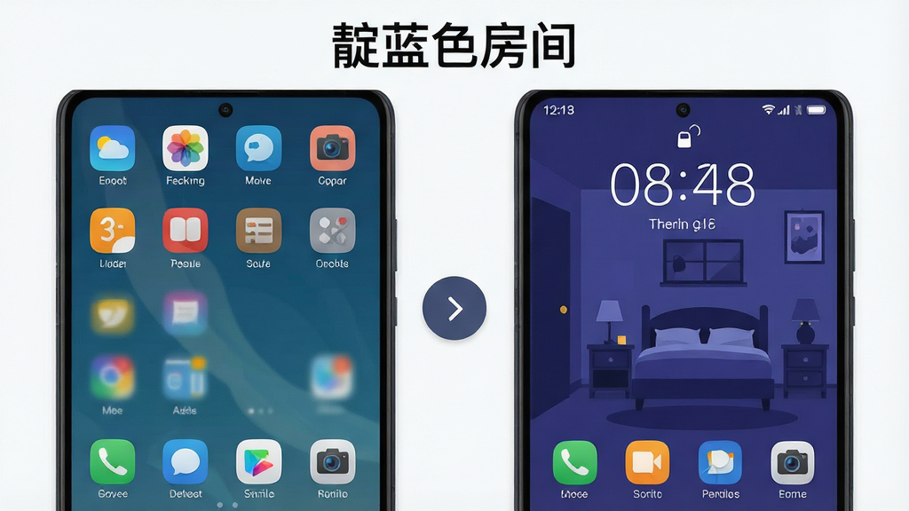 主体为手机屏幕展示主题应用前后的对比界面,左侧为默认桌面,右侧为靛蓝色房间主题桌面;布局为左右分屏对比,中间带切换箭头;排版清晰对称;风格为扁平化UI展示风;细节包括图标风格差异、壁纸色调变化、锁屏时间字体样式;画质高清,干净,无多余元素,画面顶部带“靛蓝色房间”标题文字