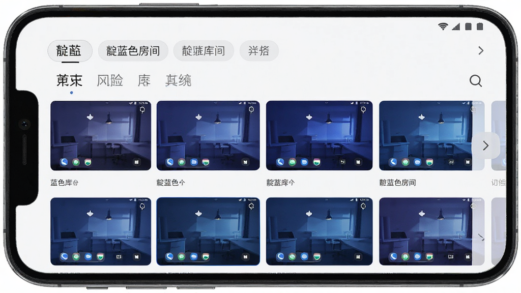 主体为手机屏幕显示靛蓝色房间主题库列表界面,多张主题缩略图以网格排列;布局为竖屏网格布局,顶部带分类标签栏;排版整齐;风格为移动端应用界面展示;细节包括每张缩略图呈现不同深浅蓝色桌面、应用按钮高亮、分类标签清晰;画质高清,干净,无多余元素,画面中含“靛蓝色房间”界面文字