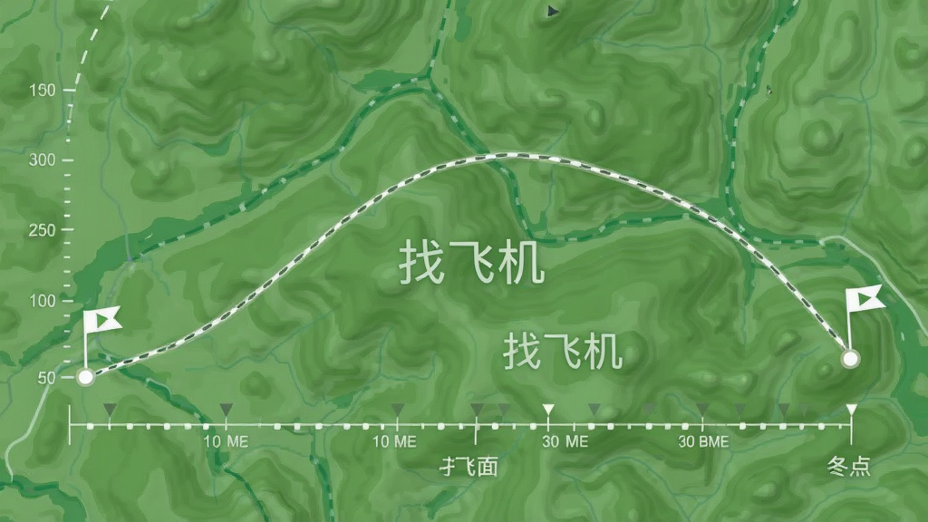 主体为一条弯曲的飞行轨迹线覆盖在绿色地形图上,布局为横向展开,排版左侧为起点标记、右侧为终点标记、中部为轨迹曲线,风格为简洁信息图风格,细节包括起终点小旗图标、高度刻度标注、时间轴标签,画质高清,画面干净,无多余元素,图片中显示文字“找飞机”
