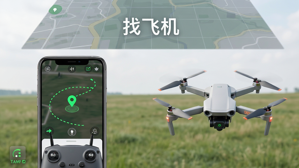 主体是一架小型无人机悬浮在开阔草地上空,布局为居中构图,上方留白放置半透明地图网格,排版采用左右分栏,左侧展示手机屏幕中的定位界面,右侧展示无人机实物,风格为写实科技风,细节包括绿色定位标记、虚线轨迹线、遥控器与手机连接状态图标,画质高清,画面干净,无多余元素,图片中显示文字“找飞机”
