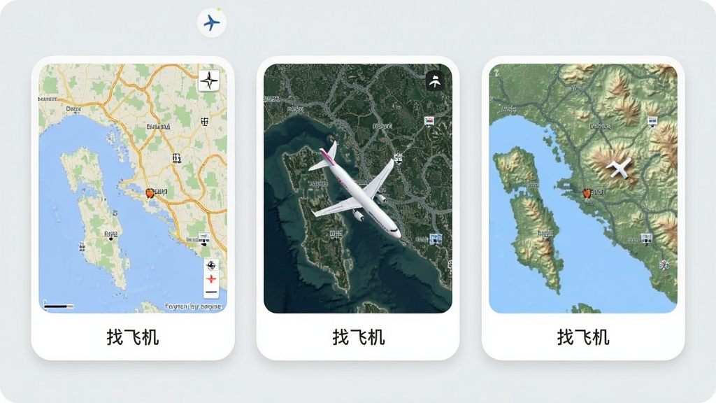 主体为三张并排的地图缩略图,布局为横向三等分,排版每张图下方配小字标签,风格为清爽卡片式设计,细节包括标准地图、卫星影像、地形图三种样式、圆角边框、浅灰背景,画质高清,画面干净,无多余元素,图片中显示文字“找飞机”