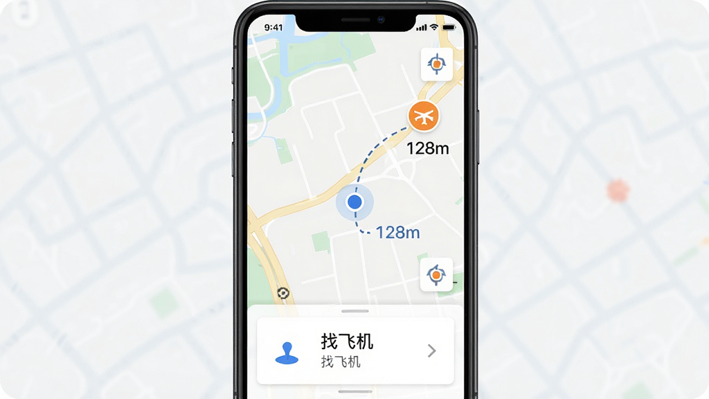 主体为手机屏幕显示地图界面,布局为竖向居中,排版上方为状态栏、中部为地图区域、下方为距离信息卡片,风格为扁平化UI设计,细节包括蓝色圆点代表用户位置、橙色图标代表飞行器、连接虚线、距离数值“128m”,画质清晰,画面干净,无多余元素,图片中显示文字“找飞机”