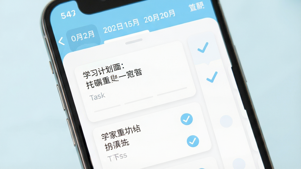 一张手机应用界面截图风格图片,画面展示学习计划管理页面,包含多个任务卡片和勾选状态,顶部有日期导航栏,整体风格简洁明快,主色调为浅蓝色和白色,画质清晰,布局整齐,无杂乱元素