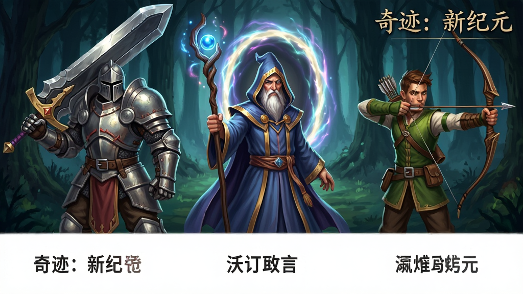画面主体为三位并肩而立的魔幻角色,左侧是持巨剑的重甲剑士,中间是手持法杖身披长袍的法师,右侧是拉弓瞄准的弓箭手,背景为幽暗森林与发光传送门;布局采用横向三分构图,三位角色均匀分布于画面中段;排版上人物下方留出空地用于展示职业名称;风格为游戏宣传立绘风格,笔触细腻、色彩饱和;细节强调武器光泽、服装褶皱与魔法光效;画质高清、干净、无多余元素,画面中可加入文字“奇迹:新纪元”。