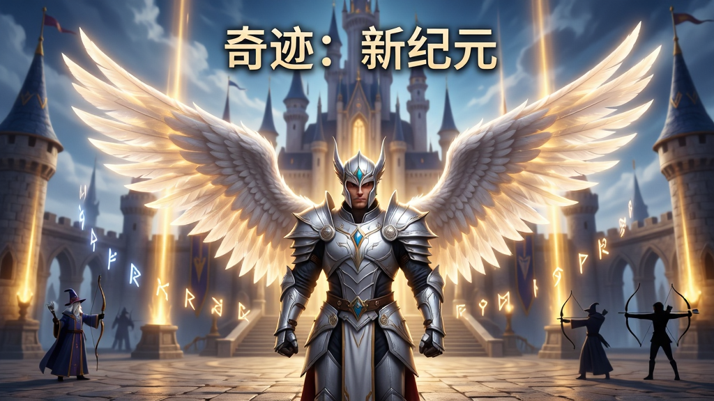 画面主体为一位身披银白铠甲、背生流光羽翼的魔幻战士,站立在宏伟的奇迹城堡广场中央,四周环绕着漂浮的魔法符文与暖金色光柱;布局采用中心对称构图,人物位于画面正中偏下,城堡与天空占据上半部分;排版上留出上方天空区域便于添加标题文字;风格为韩系魔幻写实CG插画,色彩浓郁、光影层次分明;细节刻画铠甲纹理、羽翼羽毛与地面石砖的质感,远处有法师与弓箭手剪影;画质高清、干净、无多余元素,画面中可加入文字“奇迹:新纪元”。