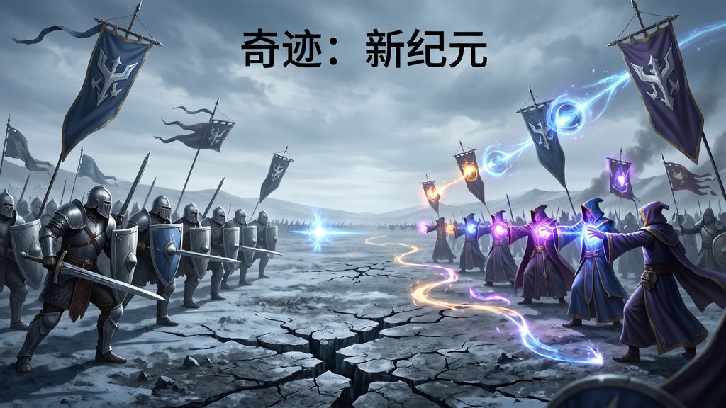 画面主体为两支魔幻阵营在开阔战场上对峙,左侧是举盾持剑的战士方阵,右侧是释放魔法的法师队伍,天空中漂浮着战盟旗帜与技能光效;布局采用广角全景构图,战场纵深明显;排版上天空区域留白用于展示战盟名称;风格为史诗战争CG场景,色调偏冷、气氛紧张;细节表现旗帜飘动、地面裂痕与法术轨迹;画质高清、干净、无多余元素,画面中可加入文字“奇迹:新纪元”。