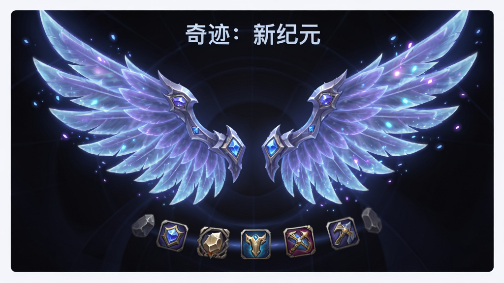 画面主体为一对展开的巨大流光羽翼悬浮在暗色背景中,羽翼由半透明的蓝紫色光羽构成,边缘散落细碎光点,下方有强化石与装备图标环绕;布局采用居中放射构图,羽翼占据画面主要面积;排版上四周留白以突出主体;风格为魔幻游戏道具展示图,光泽感强、层次丰富;细节刻画羽毛的透光质感与宝石镶嵌效果;画质高清、干净、无多余元素,画面中可加入文字“奇迹:新纪元”。