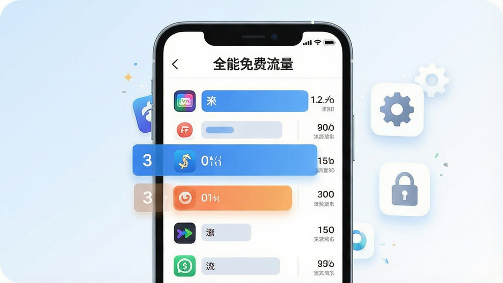 一张数据可视化风格插画,画面中央是“全能免费流量”应用流量排行界面,屏幕上以横向条形图列出多个应用图标与流量数值,排名前三的应用带有高亮色块,手机右侧漂浮着齿轮设置图标与锁形管控图标,背景为淡蓝色到白色的柔和渐变,布局清晰有序,风格简洁商务,细节干净,画质高清,无杂乱元素