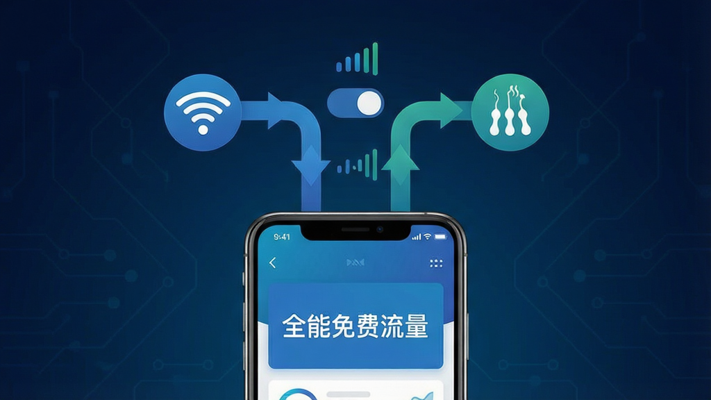 一张科技感网络调度示意图,画面中央是一部手机与“全能免费流量”界面,手机上方延伸出两条数据通道,一条标注Wi-Fi信号图标,一条标注移动数据图标,通道之间有切换箭头与信号强度波形,背景为深色科技蓝渐变,排版对称居中,风格现代扁平,细节清晰,画质高清,画面干净无多余元素
