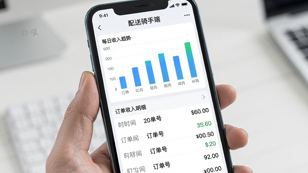 手机屏幕展示“配送骑手端”的收入统计页面,页面上方有柱状图显示每日收入趋势,下方为订单收入明细列表,每条记录包含时间、订单号和金额,整体风格为浅色商务风,排版整齐,数据可视化清晰,画质干净