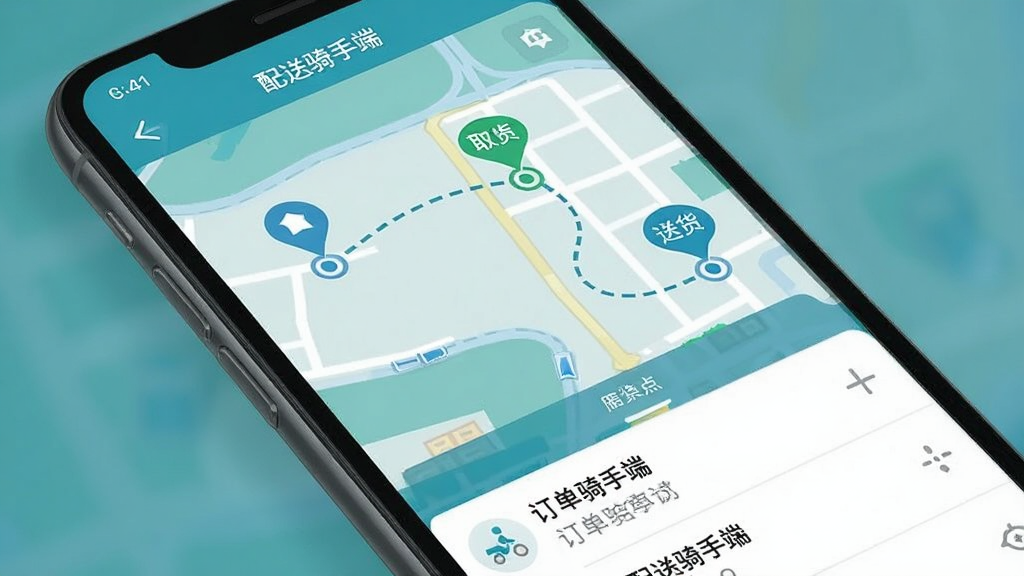 手机屏幕显示“配送骑手端”的地图导航界面,地图上有起点、取货点、送货点三个标记,用虚线连接成路线,屏幕下方有订单串联列表,整体色调为蓝绿色系,界面布局清晰,扁平化地图风格,画质干净,无多余元素