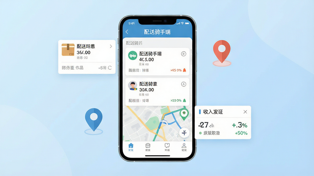 一张展示配送骑手端手机应用界面的场景图,画面中央是一部竖屏智能手机,屏幕上显示订单列表与地图导航界面,顶部有“配送骑手端”字样,手机两侧漂浮着订单卡片、定位图标和收入统计小面板,背景为浅蓝色渐变,整体风格简洁清爽,扁平化设计,细节清晰,画质干净,无多余装饰元素
