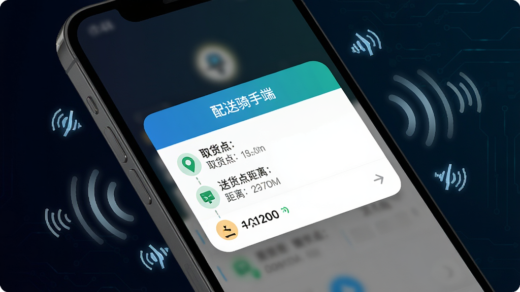 一部手机屏幕特写,显示“配送骑手端”的订单提醒弹窗,弹窗内包含取货点、送货点、距离和收入信息,手机周围环绕着声音波纹图标和震动符号,背景为深色科技感渐变,风格现代简约,细节锐利,画质干净