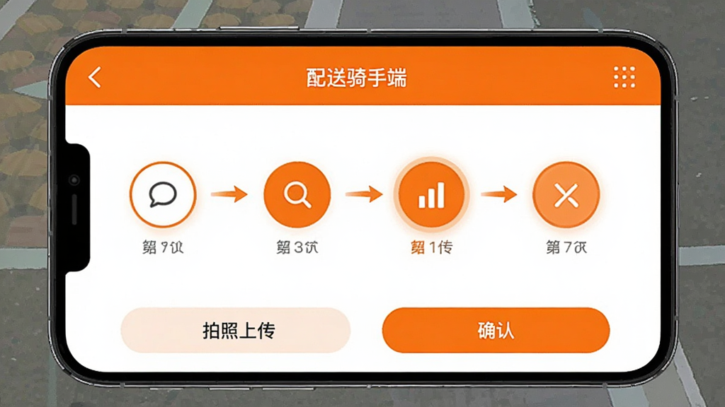 手机屏幕显示“配送骑手端”的配送状态操作界面,四个流程节点横向排列并用箭头连接,当前节点高亮显示,下方有拍照上传按钮和确认按钮,界面风格简洁明快,配色以橙色和白色为主,画质干净,细节清晰