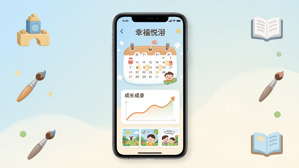 一张手机应用界面展示图,画面中央是一部竖屏智能手机,屏幕上显示儿童成长记录与亲子互动功能界面,包含卡通风格的日历、成长曲线和绘本卡片,背景为柔和的浅蓝色与米白色渐变,四周点缀简约的积木、画笔与书本图标,整体布局居中对称,风格清新温馨,细节丰富,画质清晰,画面干净,无多余元素,图片中可见文字“幸福悦瀹”