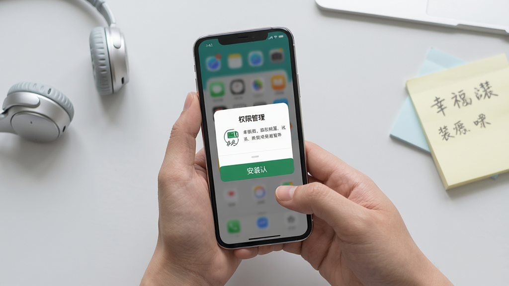一张手机应用安装与权限设置示意图,画面为双手持手机操作界面,屏幕显示权限管理弹窗与安装确认按钮,背景为浅灰色桌面,旁边放置耳机与便签纸,整体构图简洁明了,风格写实清新,细节清晰,画质干净,无多余元素,画面中可见文字“幸福悦瀹”