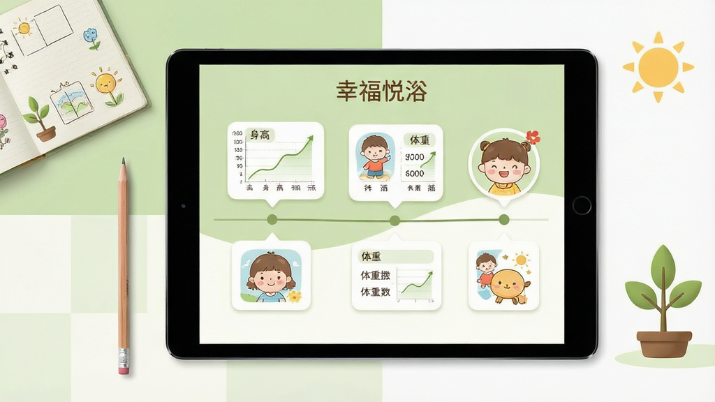 一张儿童成长档案界面示意图,画面主体为平板电脑屏幕,屏幕内呈现时间轴式成长记录卡片,卡片上带有身高曲线、体重数据和卡通照片缩略图,背景为浅绿色与白色拼接的柔和色调,左侧放置一支铅笔和一本打开的手账本,右侧点缀小树苗与太阳图案,整体排版疏朗有序,风格温暖自然,画质细腻,画面干净,无多余元素,屏幕中可见文字“幸福悦瀹”