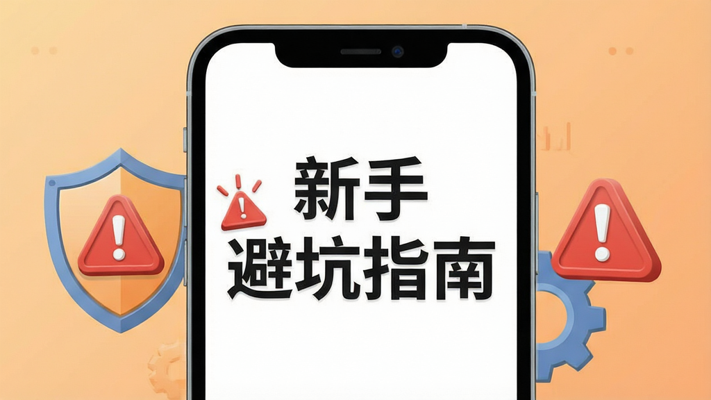 画面主体为一部手机屏幕显示“新手避坑指南”文字标题与红色警示图标,旁边放置盾牌与齿轮元素,背景为浅橙色渐变,风格为扁平化信息图,排版上标题居中、图标左右对称分布,细节上警示图标带轻微立体感、文字清晰,画质高清,画面干净无多余装饰