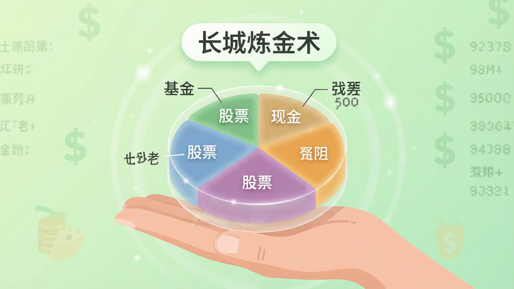 画面主体为一只手托起半透明的饼状资产配置图,图中标注不同色块代表基金、股票、现金等类别,手部上方悬浮“长城炼金术”文字标签,背景为浅绿色渐变,风格清新扁平化,排版上手部位于画面下方中央、图表居中上方,细节上色块边缘柔和、数字标注清晰,画质高清,画面干净无杂乱