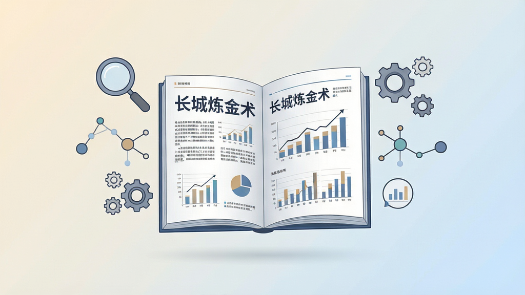 画面主体为一本打开的虚拟电子杂志悬浮于屏幕中央,杂志页面显示“长城炼金术”研报标题与数据图表,周围环绕放大镜、齿轮与数据节点图标,背景采用浅米色到淡蓝色的柔和过渡,风格为简约商务插画,排版上杂志居中、图标环绕分布,细节强调文字与图表的可读性,画质清晰细腻,背景干净整洁
