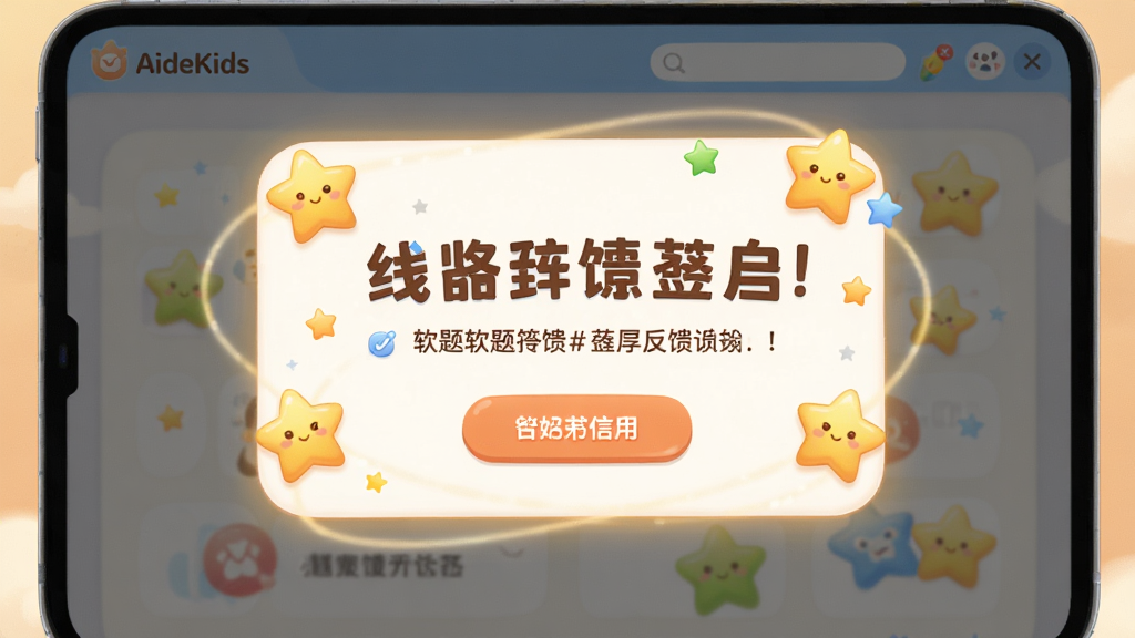 画面主体为AideKids软件答题反馈界面,屏幕中央显示鼓励性中文提示与卡通星星图案,布局为居中弹窗式卡片,排版突出反馈信息,风格为温暖活泼的卡通风格,细节包含柔和光效、圆角卡片与中文文字,画质高清干净无多余元素