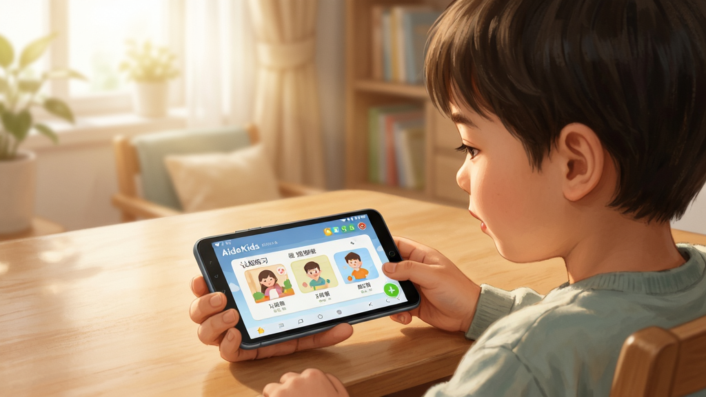 画面主体为家长与孩子一起使用安卓手机打开AideKids软件的场景,手机屏幕显示认知练习界面,布局为人物侧身坐于桌前、手机位于画面中心偏下,排版自然,风格为温馨写实插画,细节包含柔和室内光线与中文界面元素,画质清晰干净无多余元素