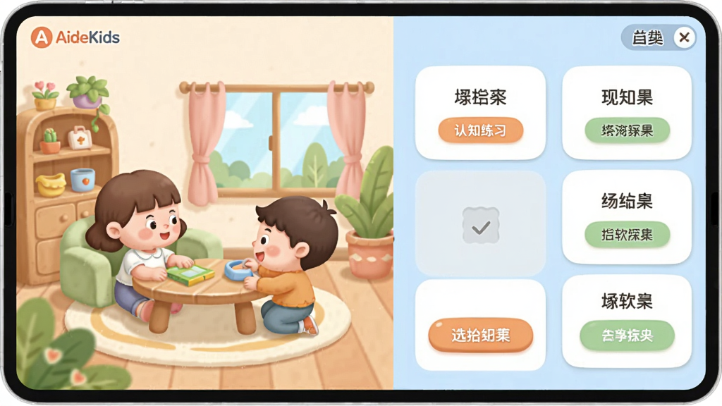 画面主体为AideKids软件内的场景化认知练习界面,左侧为卡通生活场景插画,右侧为可选答案卡片,布局为左右分栏、中间留出点击区域,排版整齐,风格为柔和卡通的UI界面,细节包含圆角按钮、浅色背景与中文标签文字,画质清晰干净无多余元素