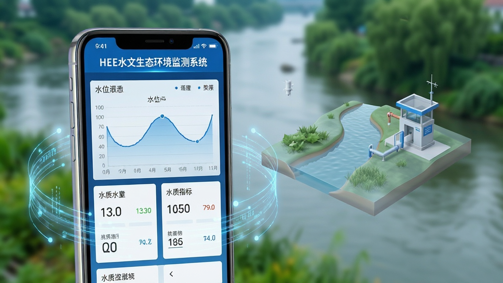 画面主体为一台智能手机,屏幕上显示“HEE水文生态环境监测系统”的数据仪表盘界面,包含水位曲线图与水质指标卡片;布局为手机居中放置于画面中央偏左,右侧悬浮半透明的河道与监测站三维示意图;排版上屏幕内容清晰突出,周围以淡蓝色数据流线条环绕;风格为现代科技感与政务蓝配色相结合,简洁干净;细节上手机边框有轻微反光,背景为虚化的河流与绿色植被;画质高清,干净无多余元素