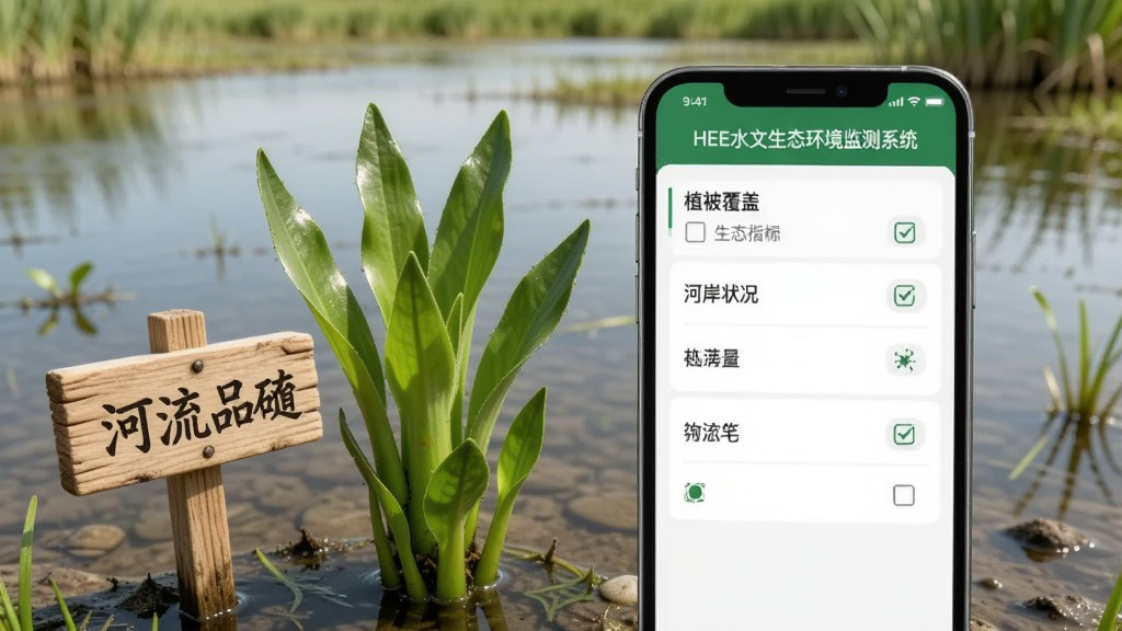 一部手机显示“HEE水文生态环境监测系统”的生态指标勾选界面,包含植被覆盖、河岸状况等选项,手机旁有一株绿色水生植物和一块标注河流名称的小木牌,背景为湿地浅滩,风格自然清新,画质细腻,干净无多余元素