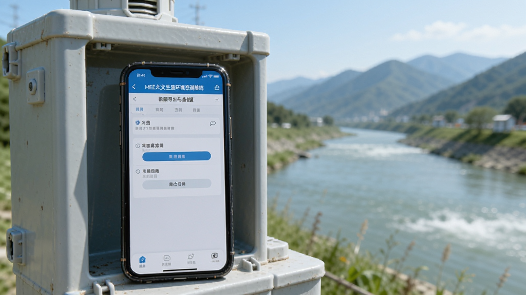 一部手机显示“HEE水文生态环境监测系统”的数据导出与备份设置页面,手机放在户外监测箱旁,背景为河道与远山,风格写实明亮,画质清晰,干净无多余元素
