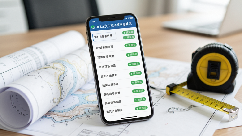 手机屏幕展示“HEE水文生态环境监测系统”的监测点位列表界面,列表中包含多个河道断面名称及状态标签,手机放置在测绘图纸与卷尺旁,背景为办公室桌面,风格简约商务,光线明亮,画质清晰,干净无多余元素